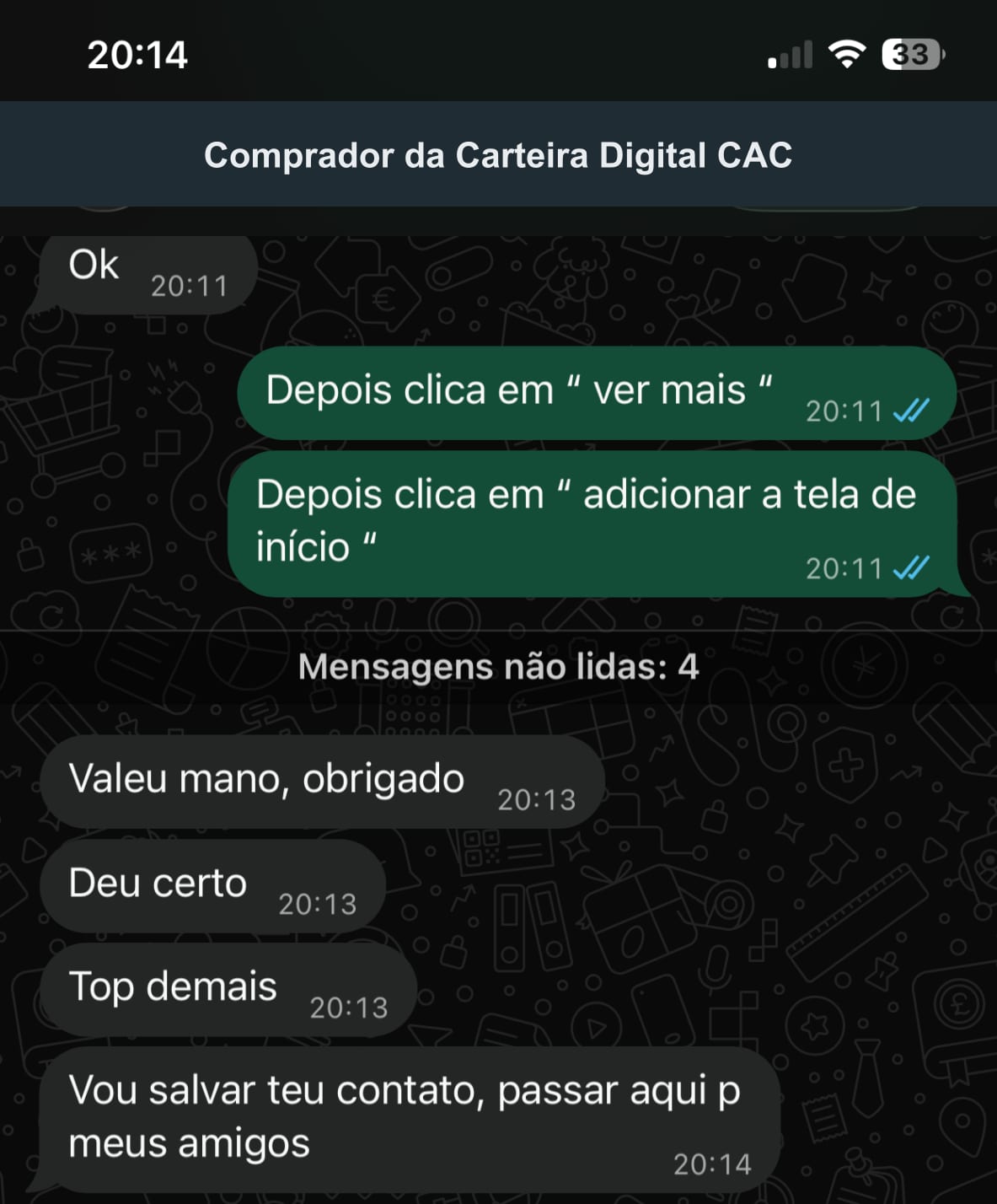 Print de WhatsApp: comprador diz que deu certo e vai indicar para os amigos