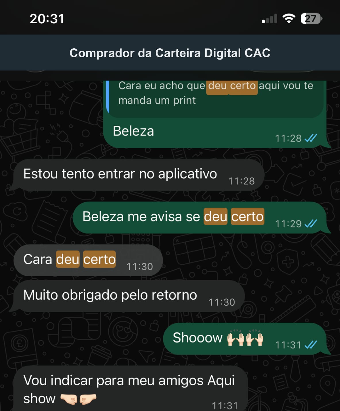 Print de WhatsApp: comprador agradece o retorno e diz que vai indicar para os amigos