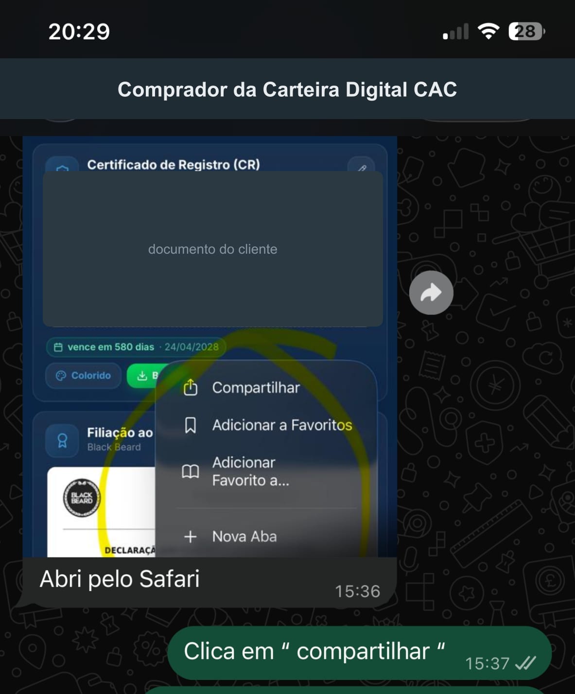 Print de WhatsApp: comprador instalando a carteira na tela de início do iPhone