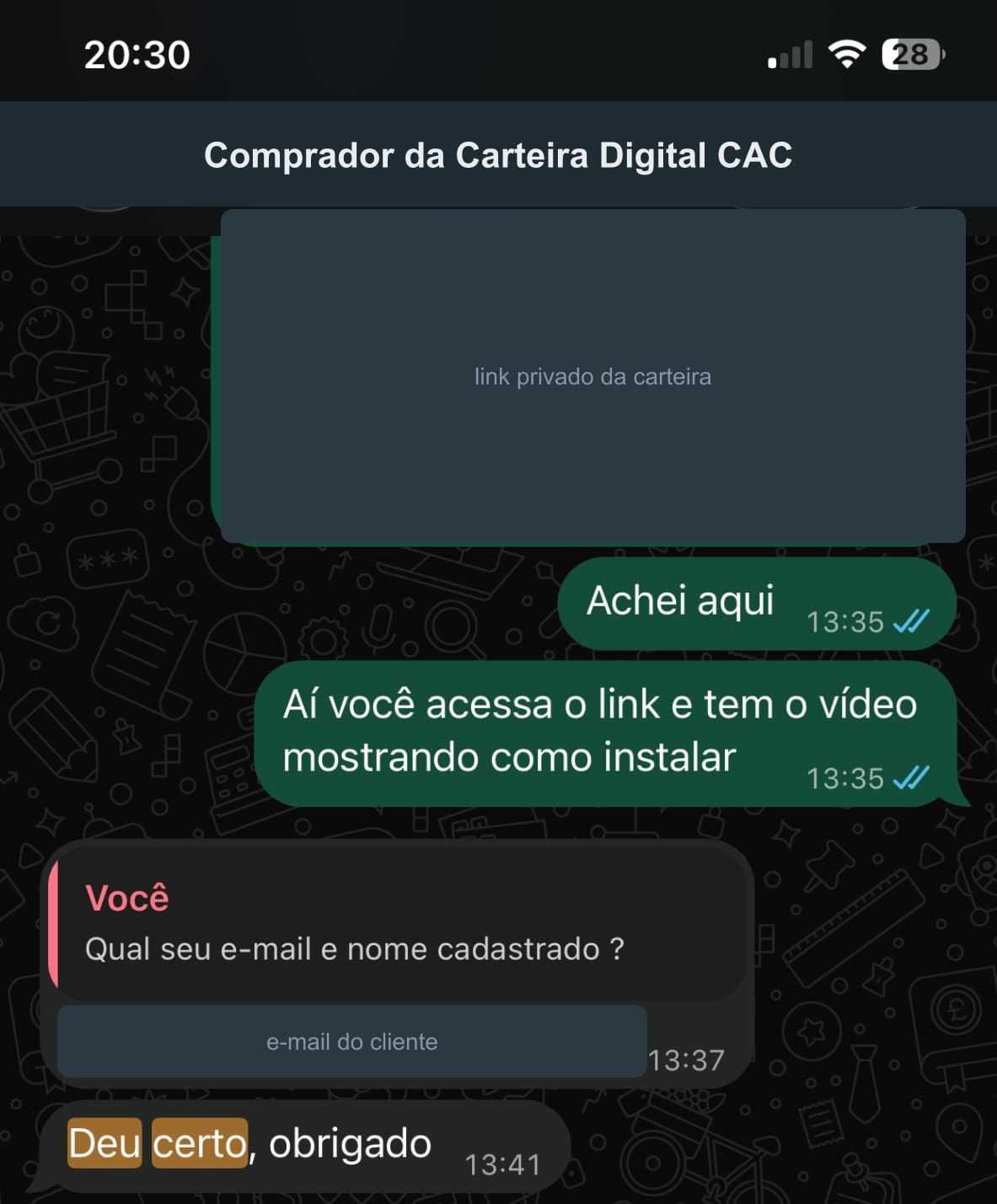 Print de WhatsApp: compradora recebe o link, instala e confirma que deu certo
