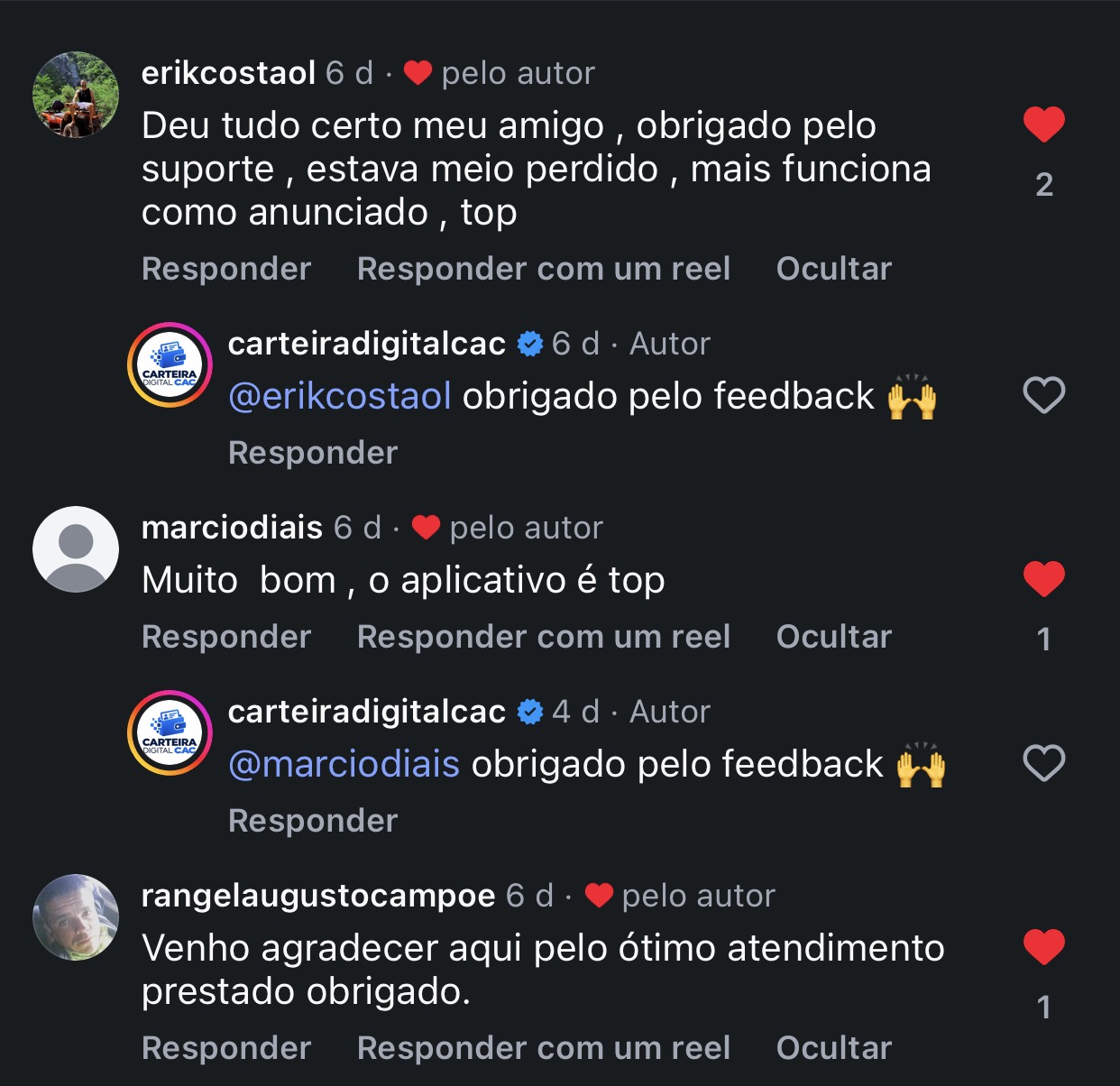 Comentários no Instagram de compradores elogiando o aplicativo e o suporte
